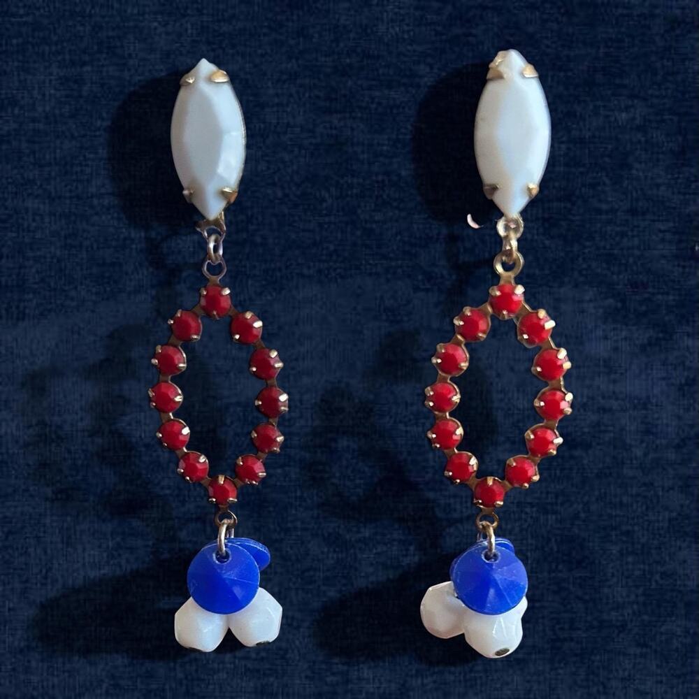Lewis Segal California Earrings Red White Blue Dangle Clip Ons 2.5”